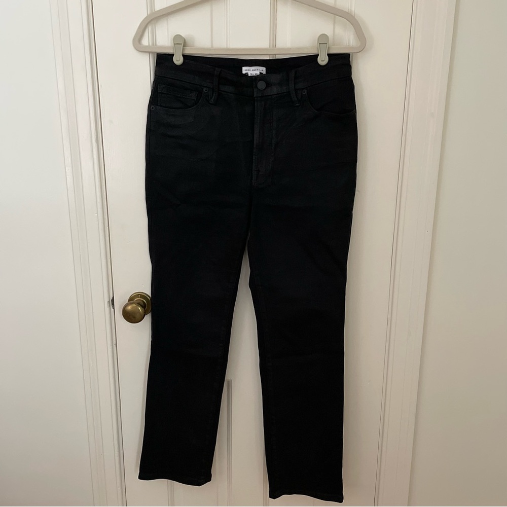 Good American Good Classic Coated Black Denim Cropped Straight Leg Jeans 30 (10)